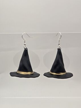 Black Witch Hat Dangle Earrings with Gold Band